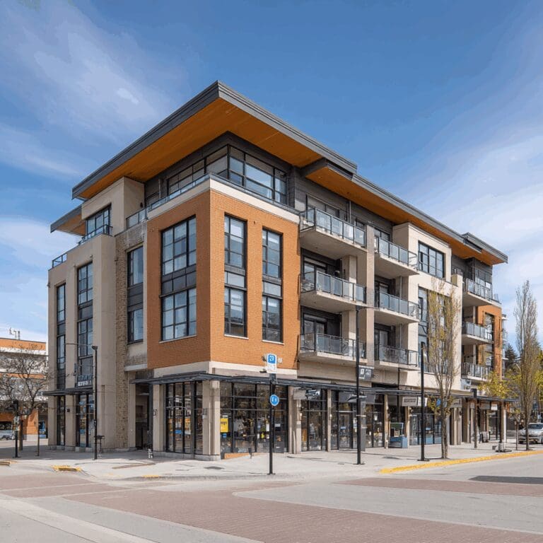 Modern mixed-use commercial property with retail units and upper-level residential apartments, ideal for rental income mortgage qualification